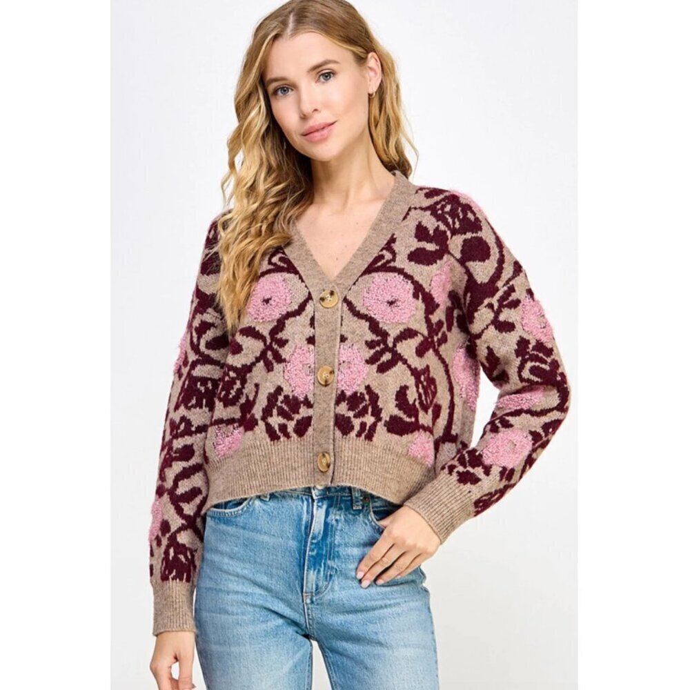 See And Be Seen Tan Floral Jacquard Knit Cardigan Sweater